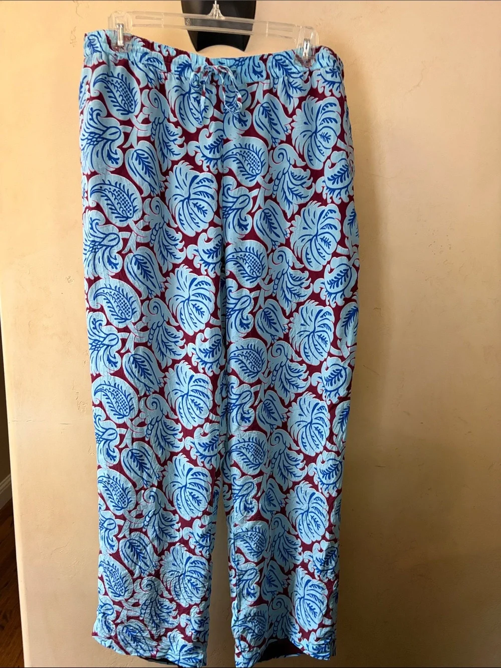 Sz 16 J.Crew Light Blue & Maroon Printed 100% Silk Pants